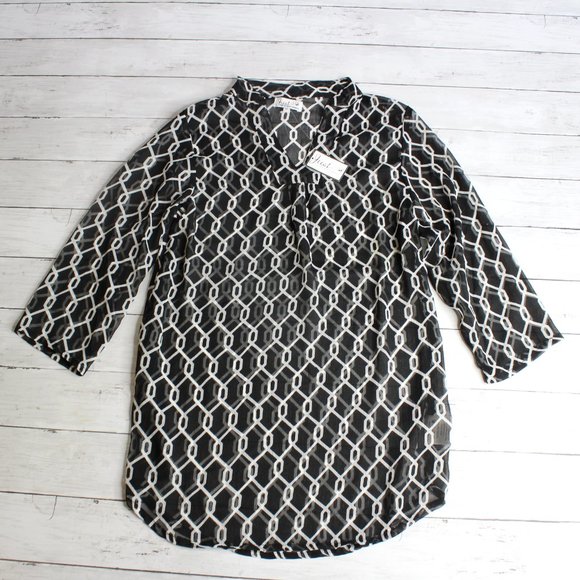 Just Bee Vintage Sheer Tunic Top Blouse Size M Black White Geo 3/4 Sleeve - Picture 2 of 4
